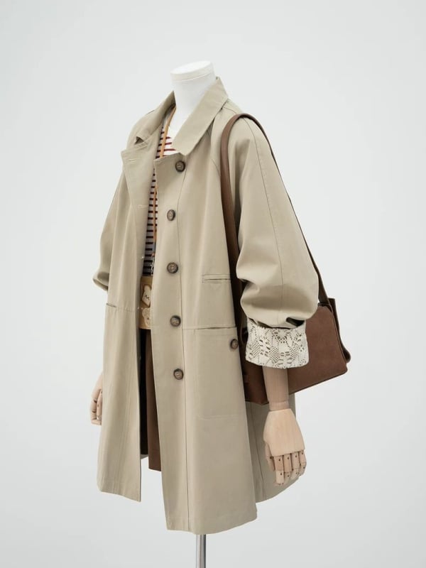 Ženski windbreaker kaput s čipkastim umetkom, srednja duljina, polo ovratnik, dugi rukav, chenille tkanina s elastanom
