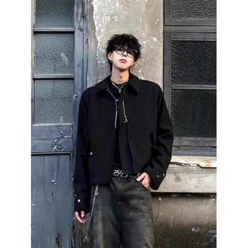 Jachetă scurtă de bărbați, în stil american, Clean-Fit, cu mai multe fermoare, guler rever, croială lejeră, amestec de poliester