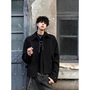 Jachetă scurtă de bărbați, în stil american, Clean-Fit, cu mai multe fermoare, guler rever, croială lejeră, amestec de poliester