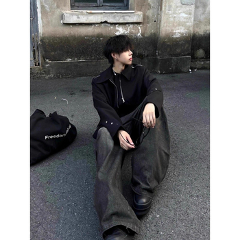 Jachetă scurtă de bărbați, în stil american, Clean-Fit, cu mai multe fermoare, guler rever, croială lejeră, amestec de poliester