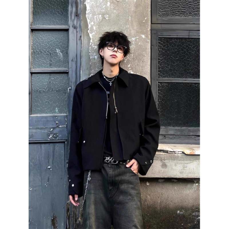 Jachetă scurtă de bărbați, în stil american, Clean-Fit, cu mai multe fermoare, guler rever, croială lejeră, amestec de poliester