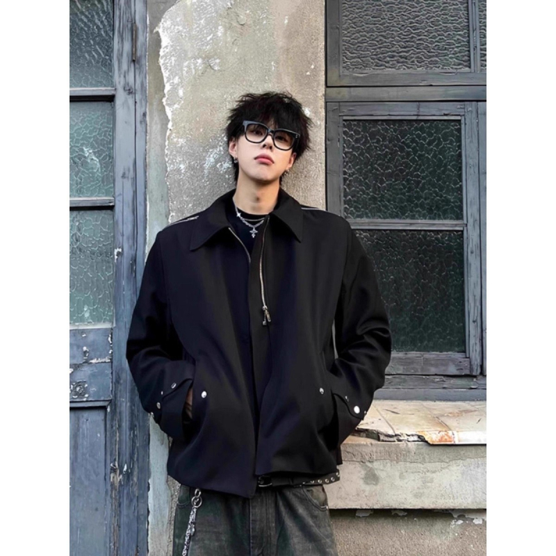 Jachetă scurtă de bărbați, în stil american, Clean-Fit, cu mai multe fermoare, guler rever, croială lejeră, amestec de poliester