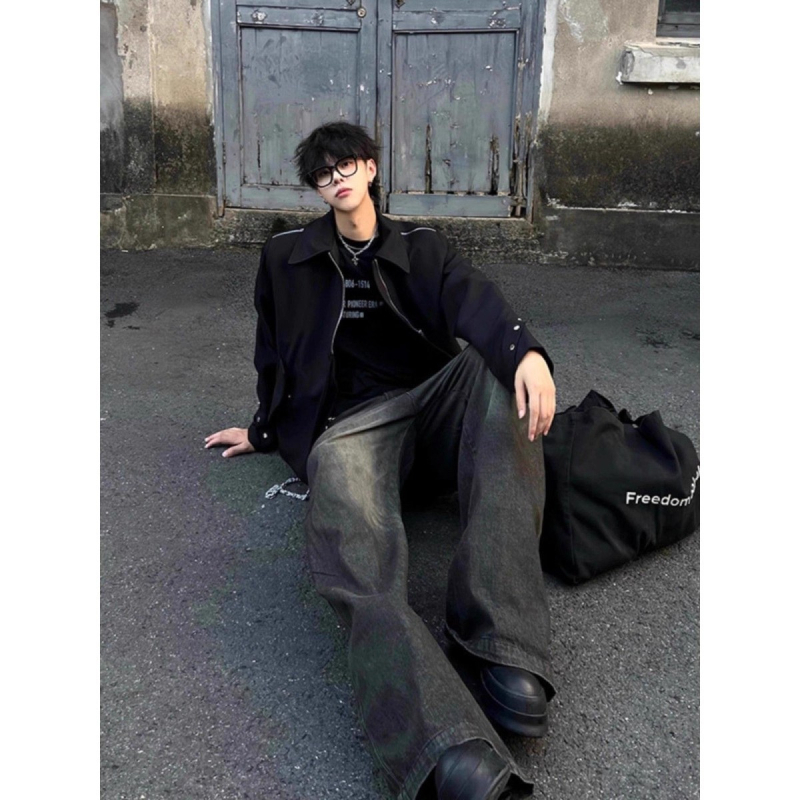 Jachetă scurtă de bărbați, în stil american, Clean-Fit, cu mai multe fermoare, guler rever, croială lejeră, amestec de poliester