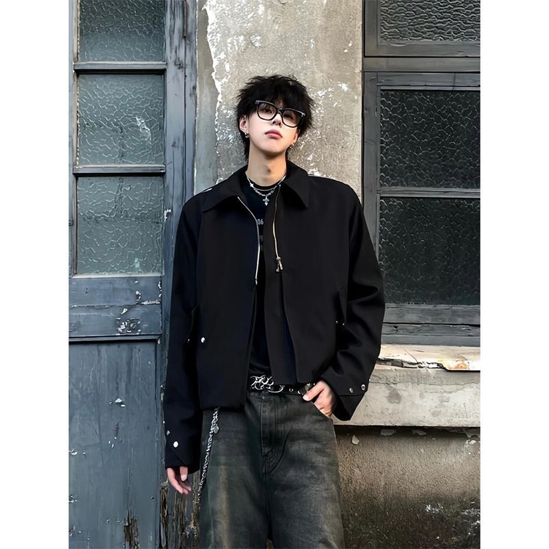 Jachetă scurtă de bărbați, în stil american, Clean-Fit, cu mai multe fermoare, guler rever, croială lejeră, amestec de poliester