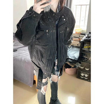 Jachetă cu guler înălțat și fermoar, model cu dungi, poliester rezistat la abraziune, croială ajustată, pentru adolescenți, primăvară și toamnă