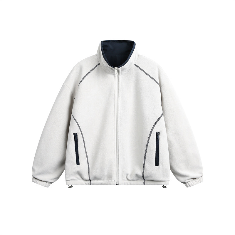 Geacă, stil de lucru japonez, guler înalt, croială lejeră, închidere cu fermoar, buzunare laterale