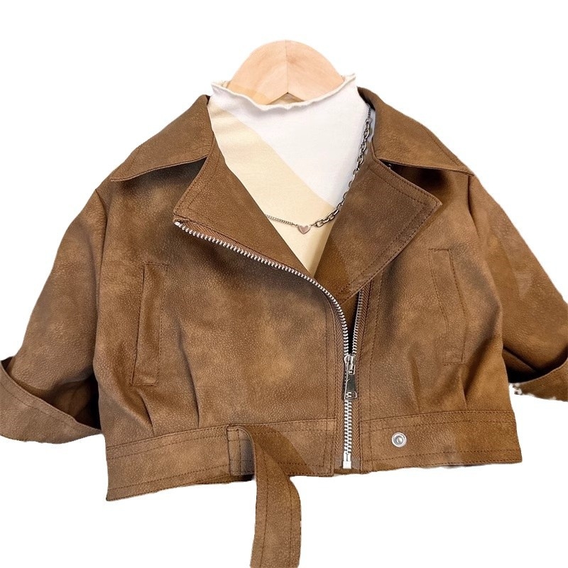 Jachetă din PU pentru copii, stil coreean pentru fete, guler în V, lungime scurtă, închidere cu nasturi, căptușeală 100% poliester