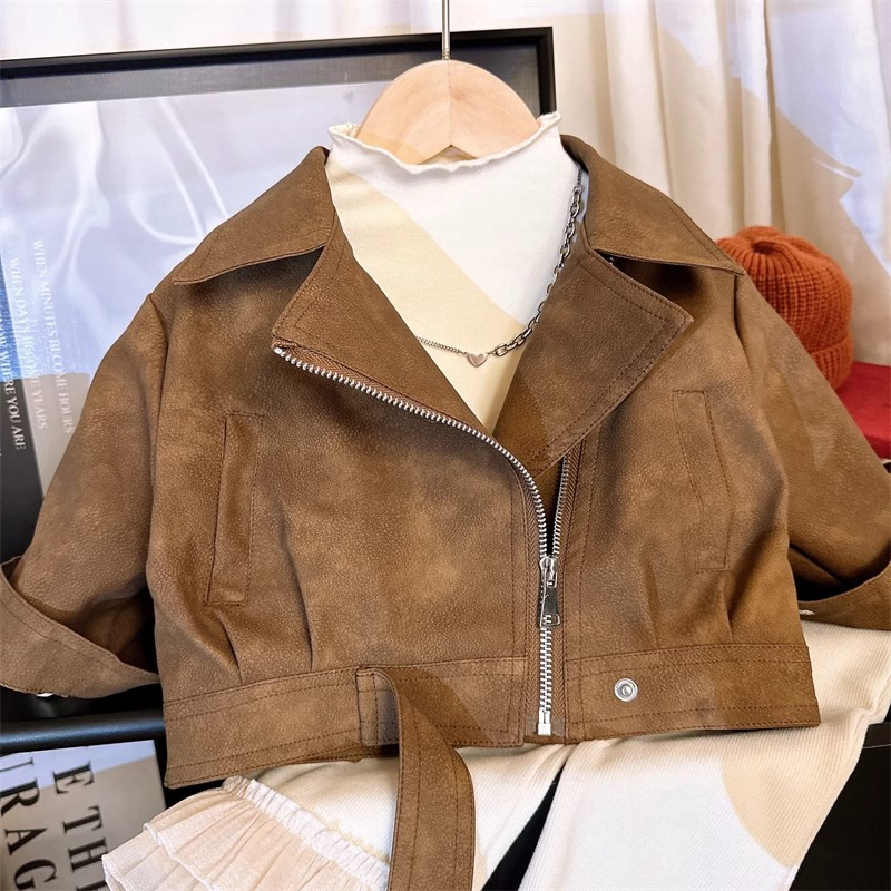 Jachetă din PU pentru copii, stil coreean pentru fete, guler în V, lungime scurtă, închidere cu nasturi, căptușeală 100% poliester