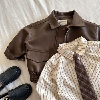 Bērnu PU ādas jaka, korejiešu stilā, ar reversu, rāvējslēdzējs, garas piedurknes, vecums 3–8 gadi