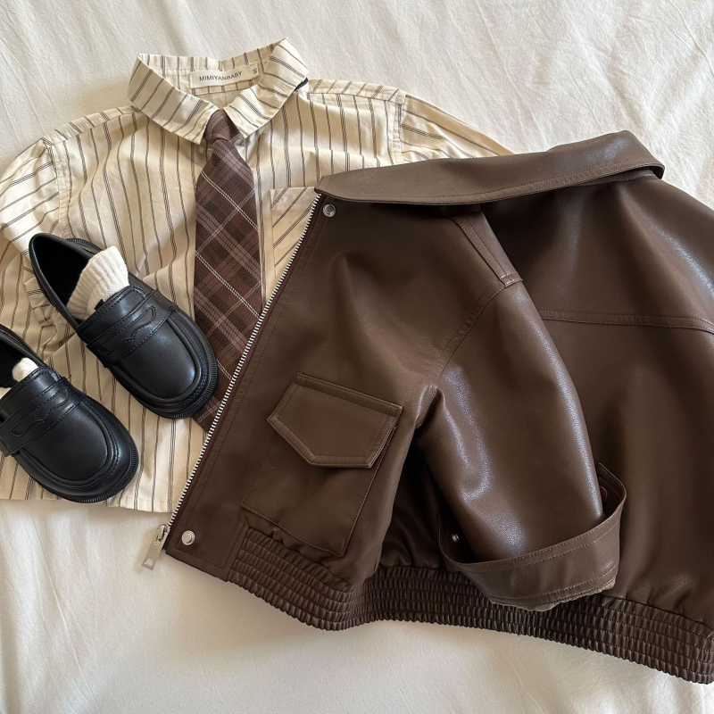 Bērnu PU ādas jaka, korejiešu stilā, ar reversu, rāvējslēdzējs, garas piedurknes, vecums 3–8 gadi