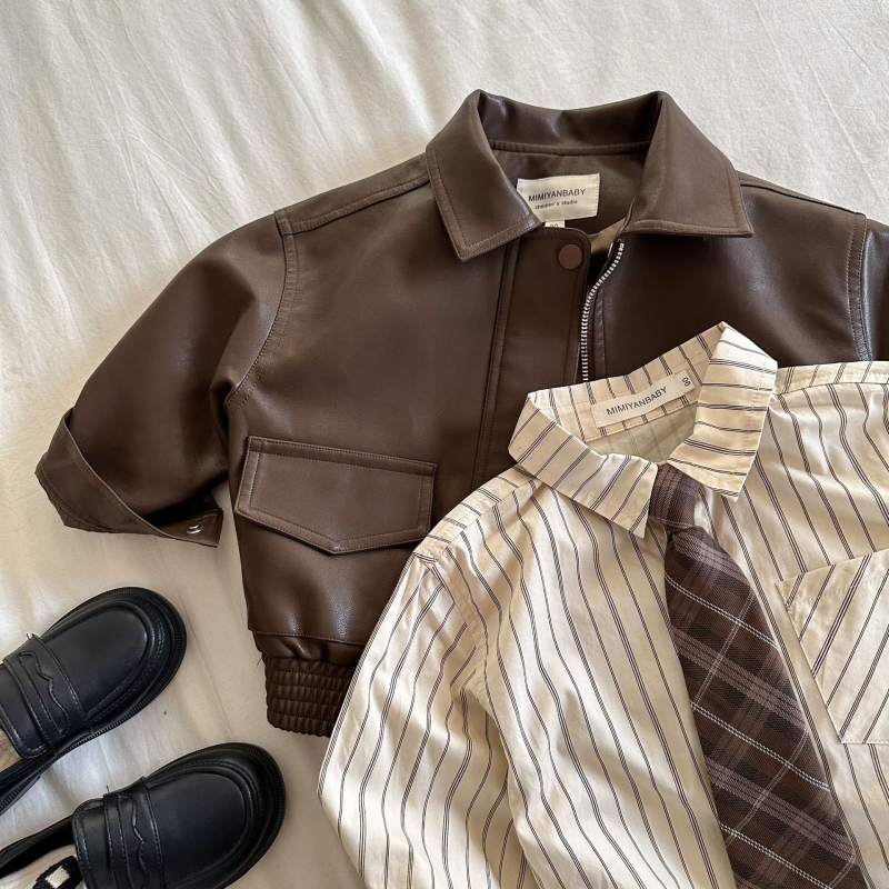 Bērnu PU ādas jaka, korejiešu stilā, ar reversu, rāvējslēdzējs, garas piedurknes, vecums 3–8 gadi