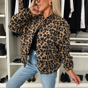 Ženska jakna s leopard uzorkom od umjetne krzna, labav kroj, dugi rukavi, 95% poliester, srednja duljina, jesen 2025