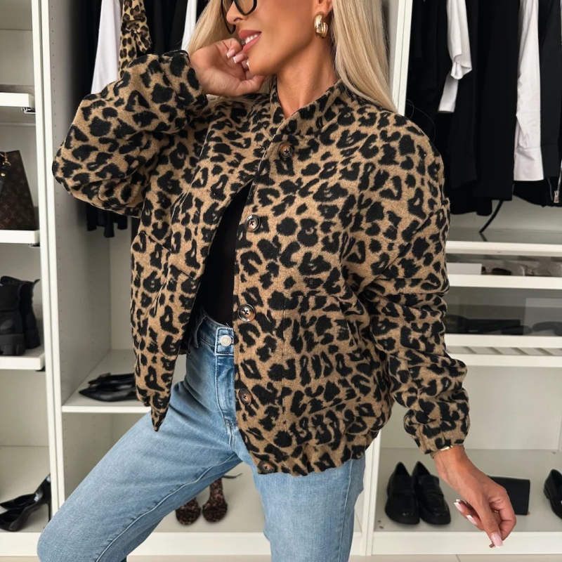 Ženska jakna s leopard uzorkom od umjetne krzna, labav kroj, dugi rukavi, 95% poliester, srednja duljina, jesen 2025