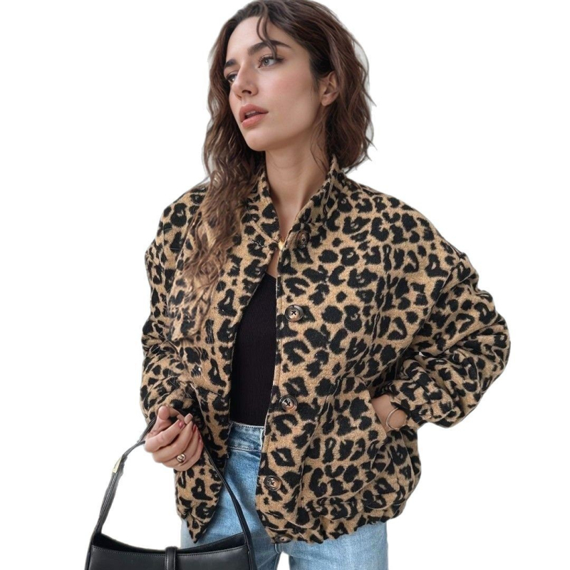 Ženska jakna s leopard uzorkom od umjetne krzna, labav kroj, dugi rukavi, 95% poliester, srednja duljina, jesen 2025