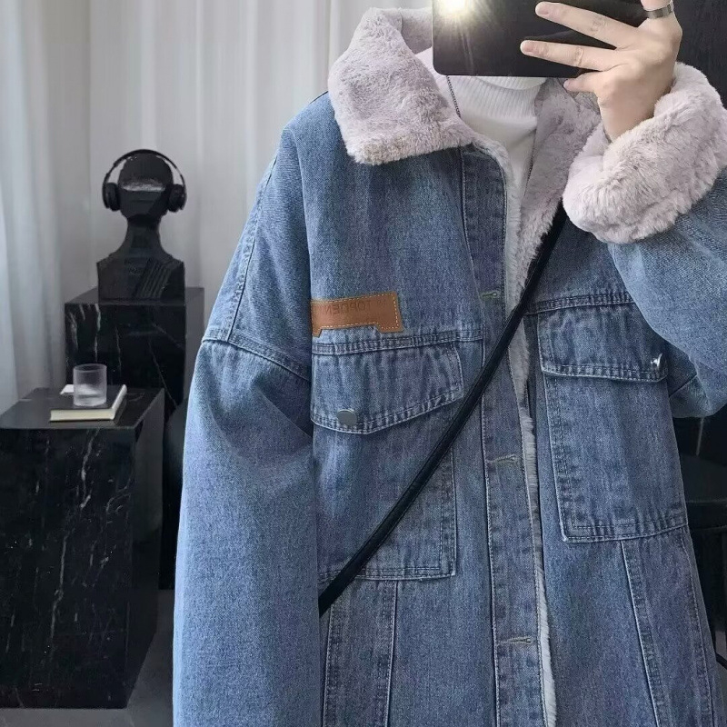 Muška traper jakna s podstavom od ovčje vune i fleece, topla i debela, uski kroj, korejski stil, svakodnevno nošenje, bočni džepovi