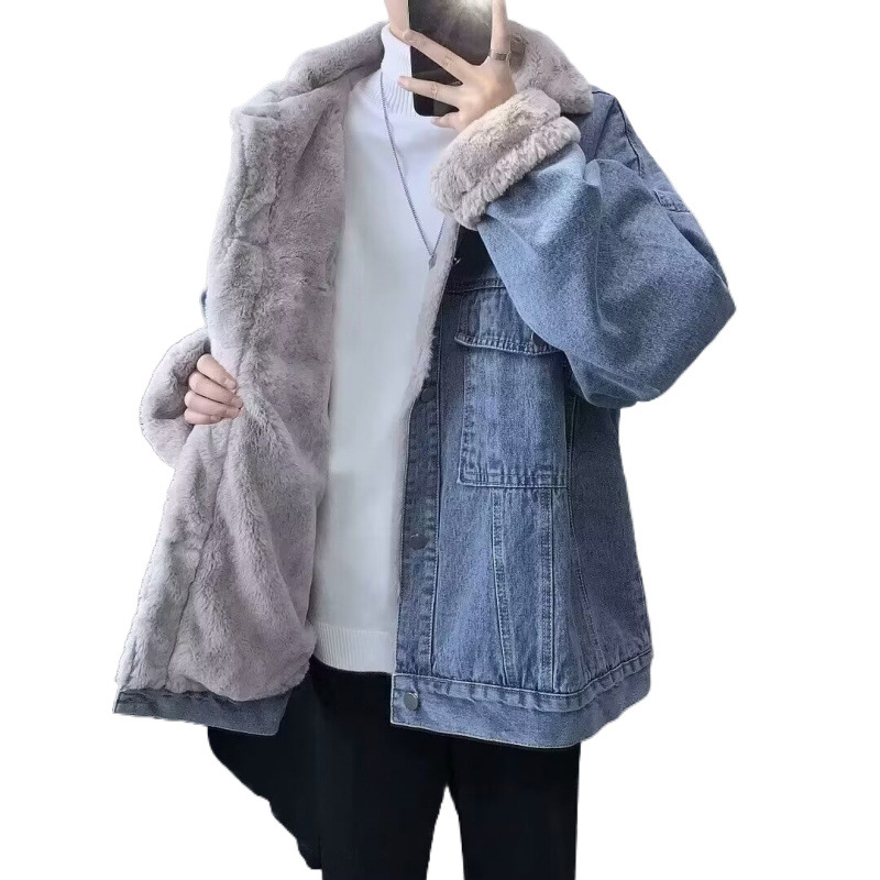Muška traper jakna s podstavom od ovčje vune i fleece, topla i debela, uski kroj, korejski stil, svakodnevno nošenje, bočni džepovi