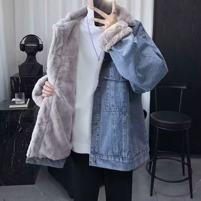 Muška traper jakna s podstavom od ovčje vune i fleece, topla i debela, uski kroj, korejski stil, svakodnevno nošenje, bočni džepovi