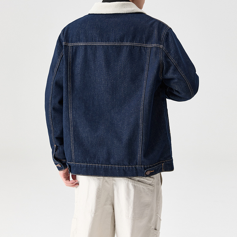 Teška denim jakna sa sivim rukavima od ovčjeg flece, pamuk izolacija za zadržavanje topline i regulaciju temperature, plavi denim, postojana boja.