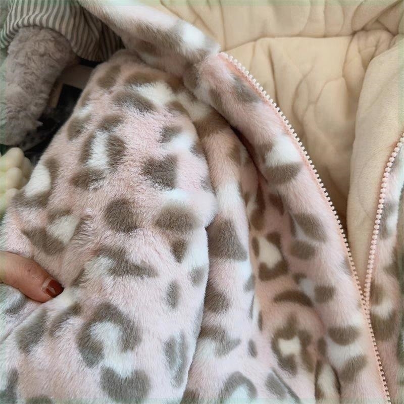 Dječja jakna za djevojčice s leopardnim printom i kapuljom, debela poliester tkanina s poliester podstavom, zatvaranje zipom, zimska sezona, korejski stil