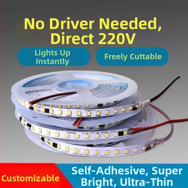 Monokróm LED szalag 220V – lineáris beépített világítás vitrinekhez, öntapadós dekoratív fénycsík, 10–15W, Xing jian LED chip, CRI 60–79