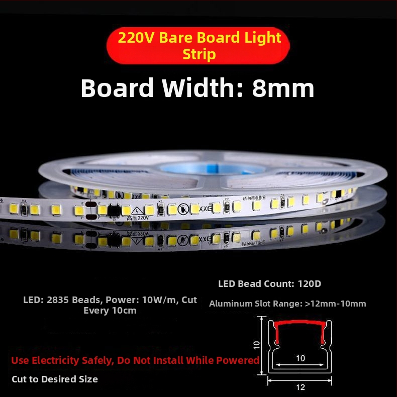 Monochrominė LED juostelė 220V – linijinis įmontuotas apšvietimas vitrinoms, lipnus dekoratyvinis šviesos juostelė, 10–15W, LED mikroschema Xing jian, CRI 60–79