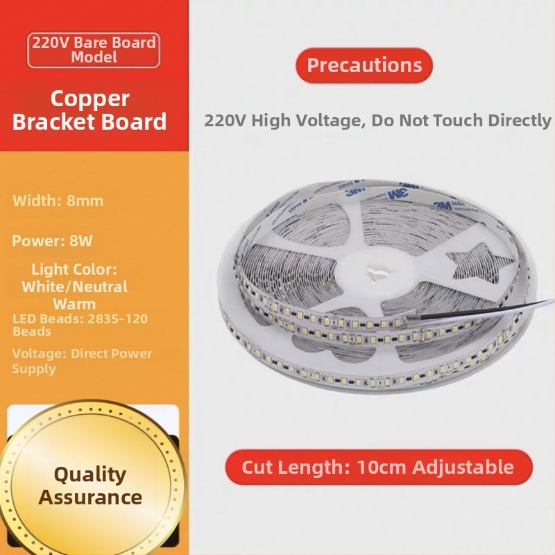 Monokróm LED szalag 220V – lineáris beépített világítás vitrinekhez, öntapadós dekoratív fénycsík, 10–15W, Xing jian LED chip, CRI 60–79