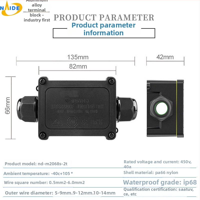 M2068S-2T vodootporna kutija za terminal za vanjsko napajanje, IP68, PA66 najlon