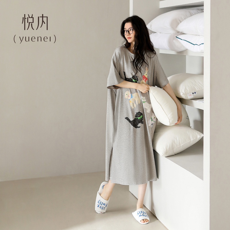 Moteriški medvilniniai viengubiai naktiniai, apvalios kaklo, 3/4 rankovės, vidutinio ilgio sijonas, 95-100% medvilnė