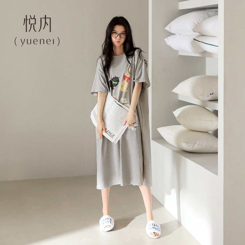 Moteriški medvilniniai viengubiai naktiniai, apvalios kaklo, 3/4 rankovės, vidutinio ilgio sijonas, 95-100% medvilnė