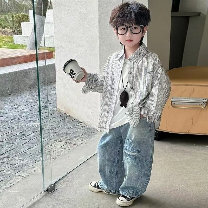 Dječja košulja za dječake u korejskom stilu, prugasta, s reverom ovratnika, za proljeće i jesen