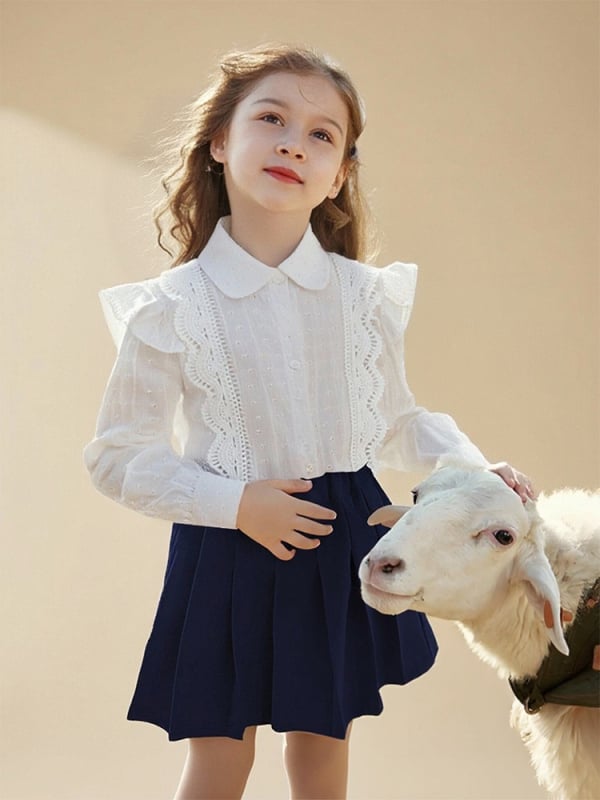 Bijela pamučna bluza-kardigan s dugim rukavima za djevojčice, preppy školski stil, za proljeće i jesen, veličine od srednjih do velikih.