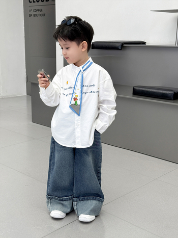 Cămașă pentru copii cu mâneci lungi, 80% bumbac, model litere, stil coreean, unisex, pentru copii 3–8 ani (100–140 cm), toamna 2025