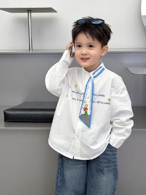 Cămașă pentru copii cu mâneci lungi, 80% bumbac, model litere, stil coreean, unisex, pentru copii 3–8 ani (100–140 cm), toamna 2025