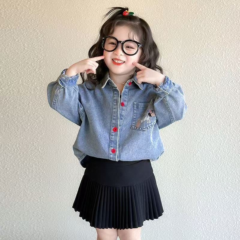 Djevojčica džins košulja za proljeće i jesen, dugi rukav, casual stil, studentska verzija, korejski stil