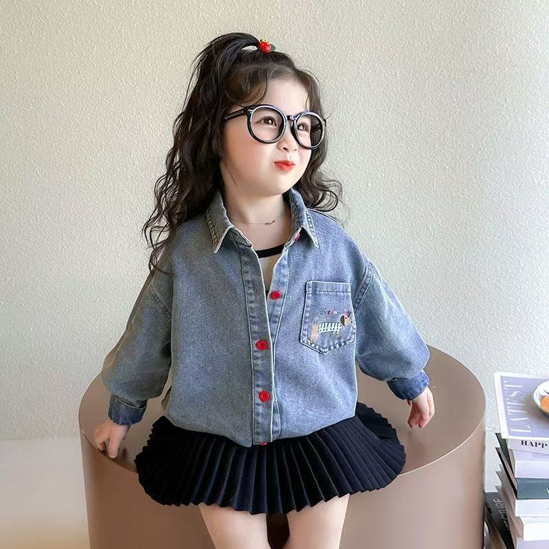 Djevojčica džins košulja za proljeće i jesen, dugi rukav, casual stil, studentska verzija, korejski stil