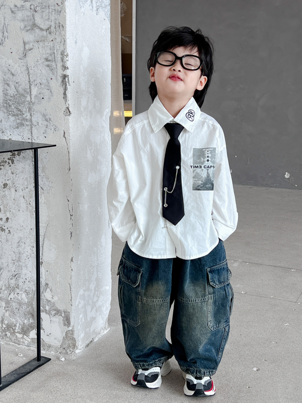 Dječja košulja od 100% pamuka, korejski stil, ovratnik s reverom, dugi rukavi, za djecu 3–8 godina