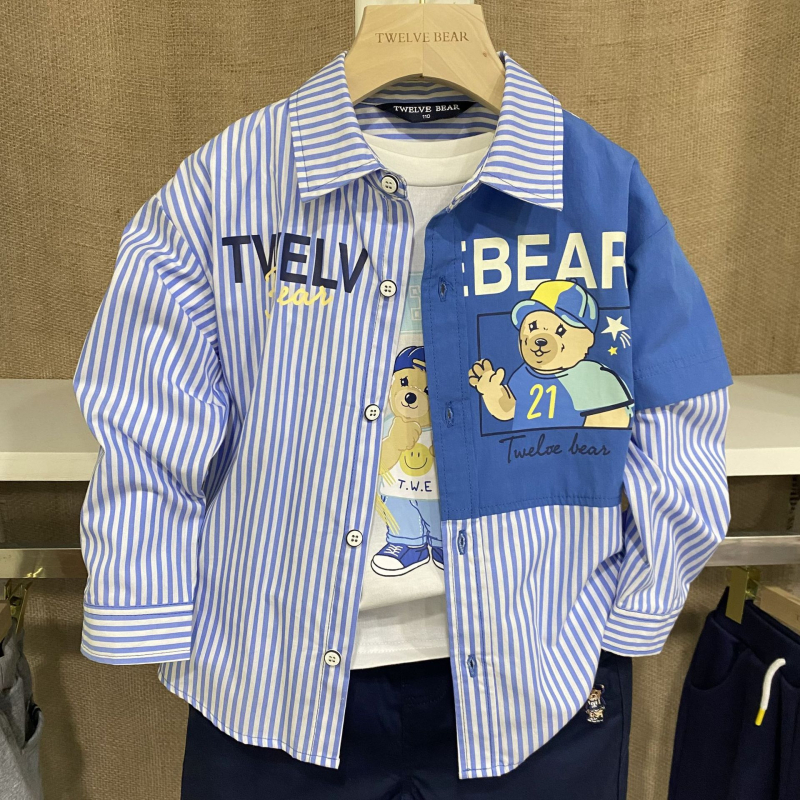 Dječja košulja, korejskog stila, rever tipa lapel, 100% pamuk, karikatura uzorak, dugi rukavi