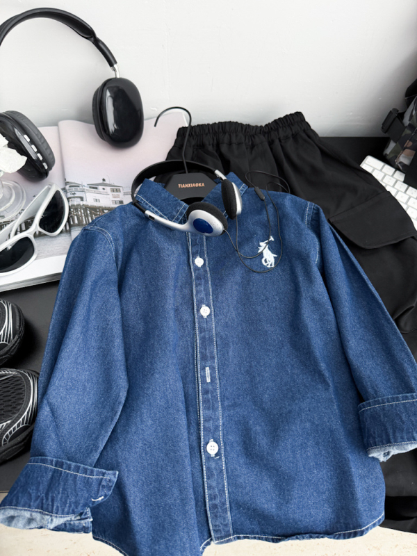 Dječja košulja - Unisex, Korejski stil, ovratnik s reverom, dugi rukav, jednobojni uzorak, pamuk 60%, jesen 2025