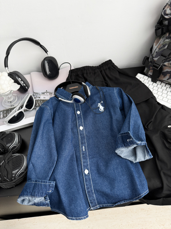 Dječja košulja - Unisex, Korejski stil, ovratnik s reverom, dugi rukav, jednobojni uzorak, pamuk 60%, jesen 2025
