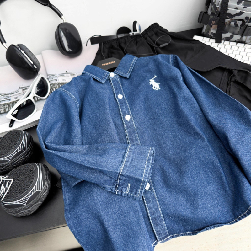 Dječja košulja - Unisex, Korejski stil, ovratnik s reverom, dugi rukav, jednobojni uzorak, pamuk 60%, jesen 2025