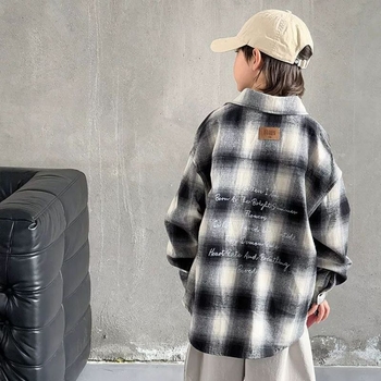 Fiú ing Koreai stílusban – casual, kockás minta, zakós gallér, 100% poliészter, hosszú ujjú