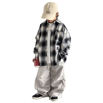 Fiú ing Koreai stílusban – casual, kockás minta, zakós gallér, 100% poliészter, hosszú ujjú