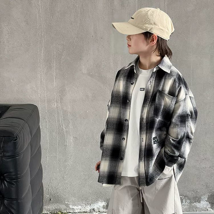 Fiú ing Koreai stílusban – casual, kockás minta, zakós gallér, 100% poliészter, hosszú ujjú