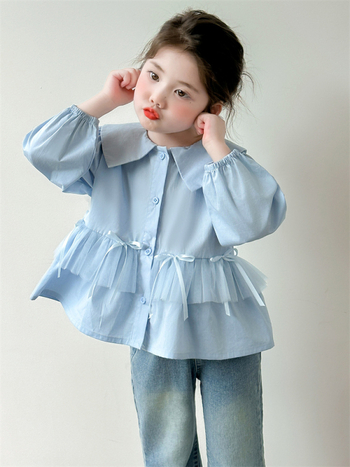 Kislányoknak szóló masnis hálószövetes felső, koreai stílus, négyszögletes gallér, hosszú ujjú, rácsos mintázat, 80% pamut