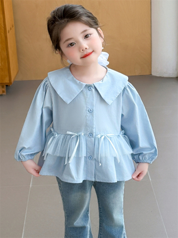 Kislányoknak szóló masnis hálószövetes felső, koreai stílus, négyszögletes gallér, hosszú ujjú, rácsos mintázat, 80% pamut