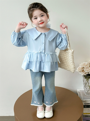 Kislányoknak szóló masnis hálószövetes felső, koreai stílus, négyszögletes gallér, hosszú ujjú, rácsos mintázat, 80% pamut