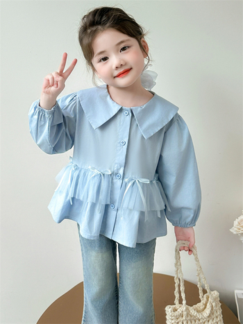 Kislányoknak szóló masnis hálószövetes felső, koreai stílus, négyszögletes gallér, hosszú ujjú, rácsos mintázat, 80% pamut