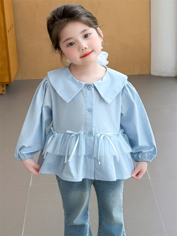 Kislányoknak szóló masnis hálószövetes felső, koreai stílus, négyszögletes gallér, hosszú ujjú, rácsos mintázat, 80% pamut