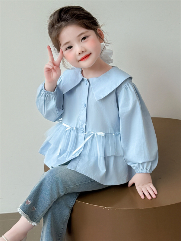 Kislányoknak szóló masnis hálószövetes felső, koreai stílus, négyszögletes gallér, hosszú ujjú, rácsos mintázat, 80% pamut