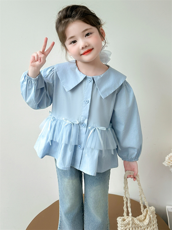 Kislányoknak szóló masnis hálószövetes felső, koreai stílus, négyszögletes gallér, hosszú ujjú, rácsos mintázat, 80% pamut